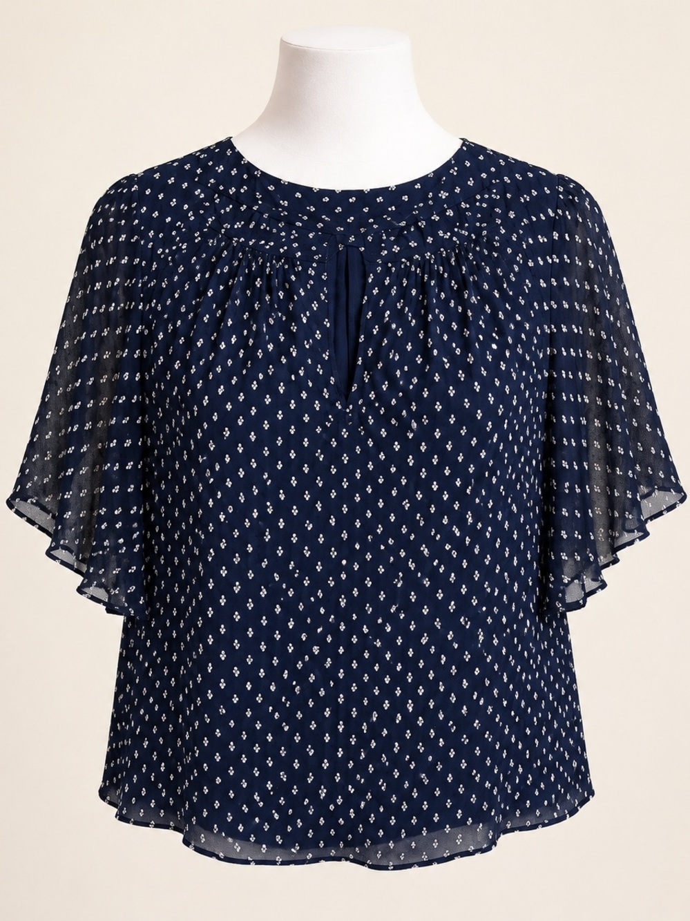 Ann Taylor Navy Textured Dot Flutter Sleeve Blouse NWT Small